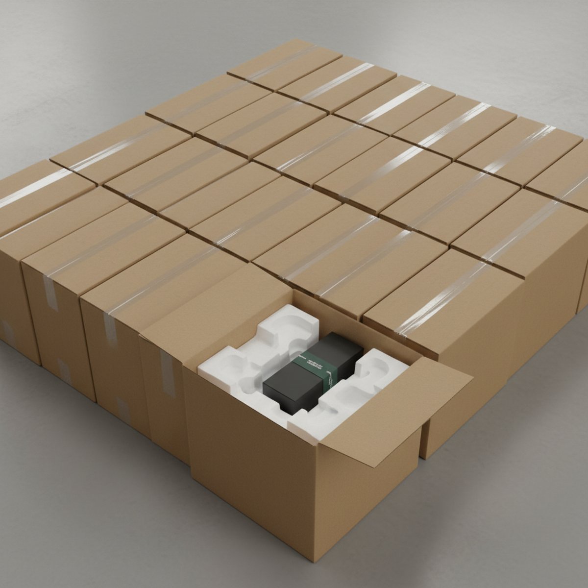 Verpackte B2B-Bestellkartons mit Schutzpolsterung, versandbereit